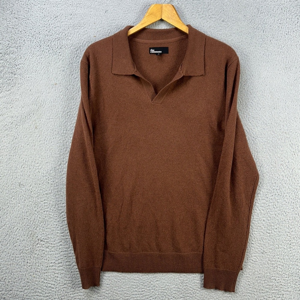 The Commons 100% Cashmere Sweater Polo Men XL Brown Knit Long Sleeve Outdoor NEW